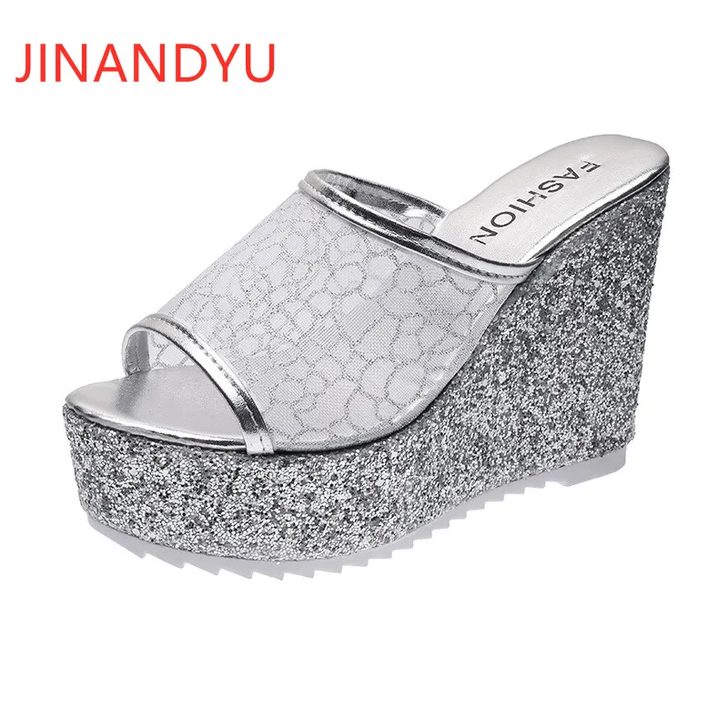 

10cm High Heel Wedges Women Summer Slipper Lace Platforms Women Sandals Summer 2021 Female Shoes Woman Slippers Platform Heels