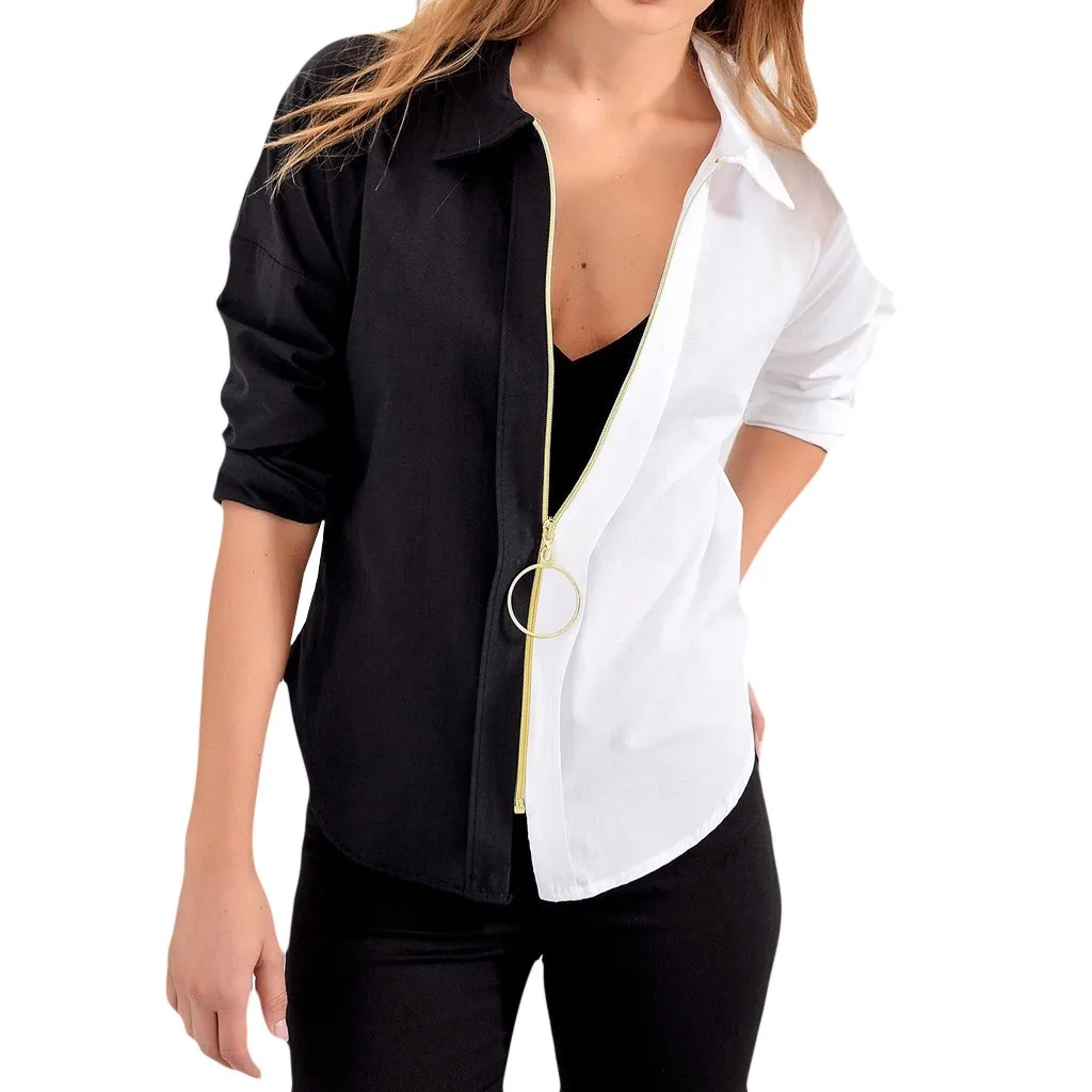 

Feitong Women Blouses Long Sleeve Shirts Fashion Women Casual Long Sleeve Zipper Cardigan Color Block Coat Blouse Tops