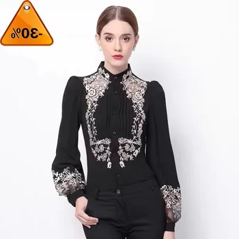 

New Spring Willstage Blouse Women Floral Embroidery Long Sleeve Shirts Mesh Hollow out Office ladies OL Work Wear Black Top