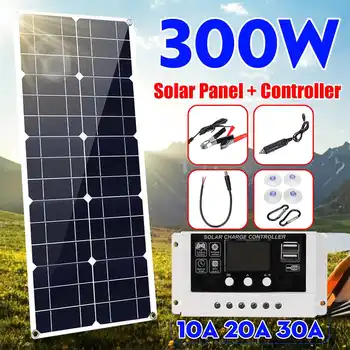 

300w Solar Panel Dual USB 18v Monocrystaline Solar Cells Poly Solar Panel 10/20/30A Controller for Car Yacht RV Battery Charger