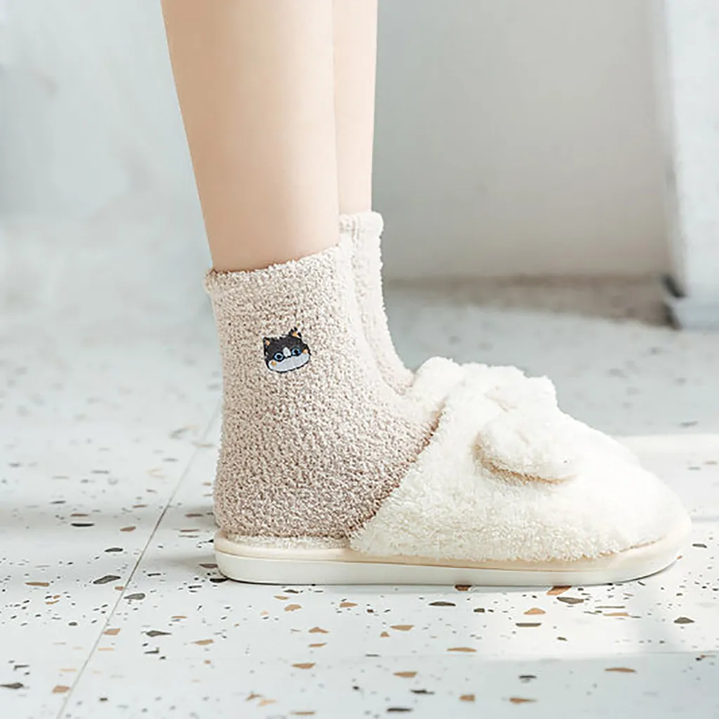 5 пар носков из кораллового флиса с вышивкой в виде кота женские модные утепленные хлопковые носки средней длины теплые носки-тапочки для сна зимние носки