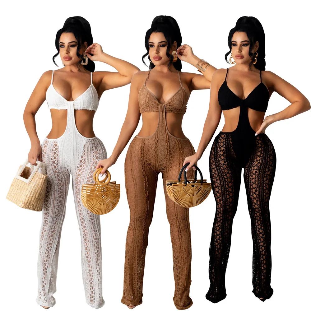 Spaghetti Straps Women Jumpsuit Solid 2021 Summer Beachwear New Sexy Cutout See Through Club Party One Piece Festival Outfits 3d body print women sexy jumpsuits with sleeve covers hollow out lace up spaghetti straps slim skinny rompers club party romper