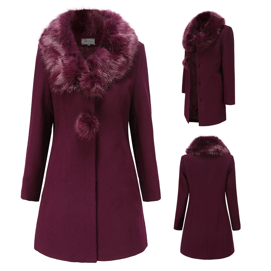 Винтажное теплое зимнее шерстяное женское длинное шерстяное пальто с меховым воротником Женское шерстяное пальто элегантная однобортная верхняя одежда