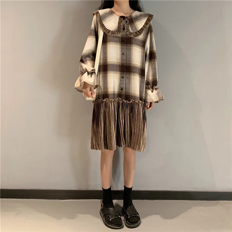 

Plus size Plaid dresses for women fashion & Casual autumn winter Loose BRUSHED one-piece dress lady A0-9878