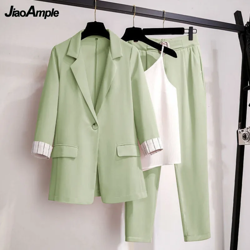 Women's Pants Set 2021 Spring Autumn New Suit Jacket Suspenders Trousers Three-piece Korean Elegant Top Blazers Coat Pantsuit | Женская