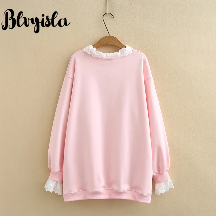 Blvyisla 4XL, большой размер, милый розовый пуловер, свитшот с принтом, женские свободные кружевные флисовые толстовки с капюшоном