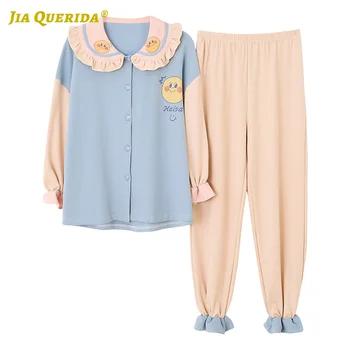 

Spring Autumn Cartoon Printing Turn Down Collar Long Sleeve Long Pants Sleepwear Fashion Casual Pajamas Set Pj Set Woman Blue