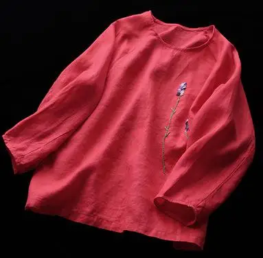 Johnature, винтажная Женская одежда, новинка, осенняя футболка, вышивка, круглый вырез, цветочный рисунок, полный рукав, свободные повседневные топы, женские футболки - Цвет: Красный
