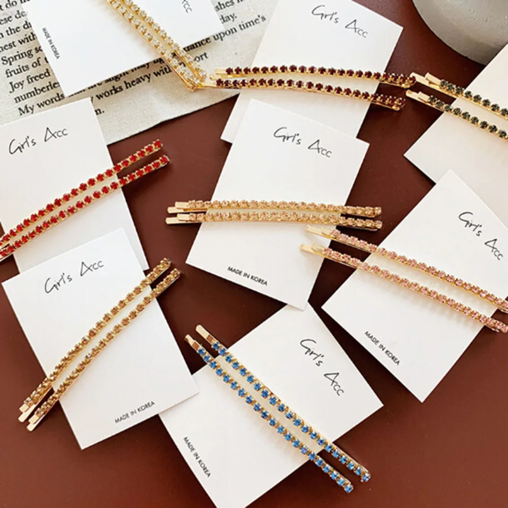 

New 2 PCS/Set Fashion Elegant Korea Shiny Crystal Rhinestones Hairpins Barrettes Long Hair Clips Slide Clip Hair Accessories