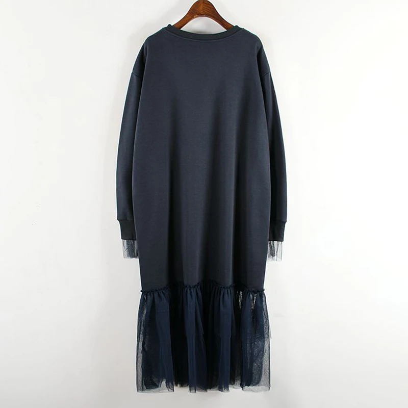 CHICEVER Korean Knitted Dress For Women O Neck Long Sleeve Oversize Loose Patchwork Mesh Dresses Female Autumn Fashion New