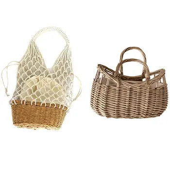 

Women Hand-Woven Top-Handle Beach Bag Circular Knitting Bags & Straw Bag Women Hand-Woven Hollow Handbag Moon Shape