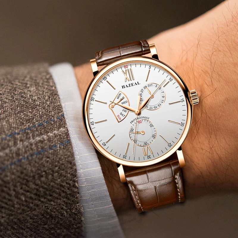 HAZEAL men automatic watch self wind mechanical luxury brand reloj hombre wristwatch leather strap