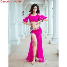 Костюм для танца живота, тренировочная одежда с вырезами, кружевной топ, юбка, набор для женщин, для восточных индийских танцев, начинающих, одежда для сцены