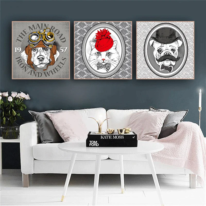 Смешной милый мягкий чехол стильный собака кошка холст для живописи Wall Art плакат