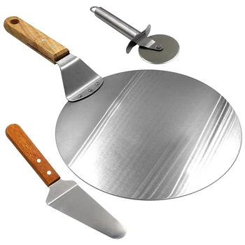 

Stainless Steel Pizza Peel, 10 Inch Round Metal Pizza Peel with Wood Handle and Pizza Cutter Wheel & Pizza Shovel for Serving Fo