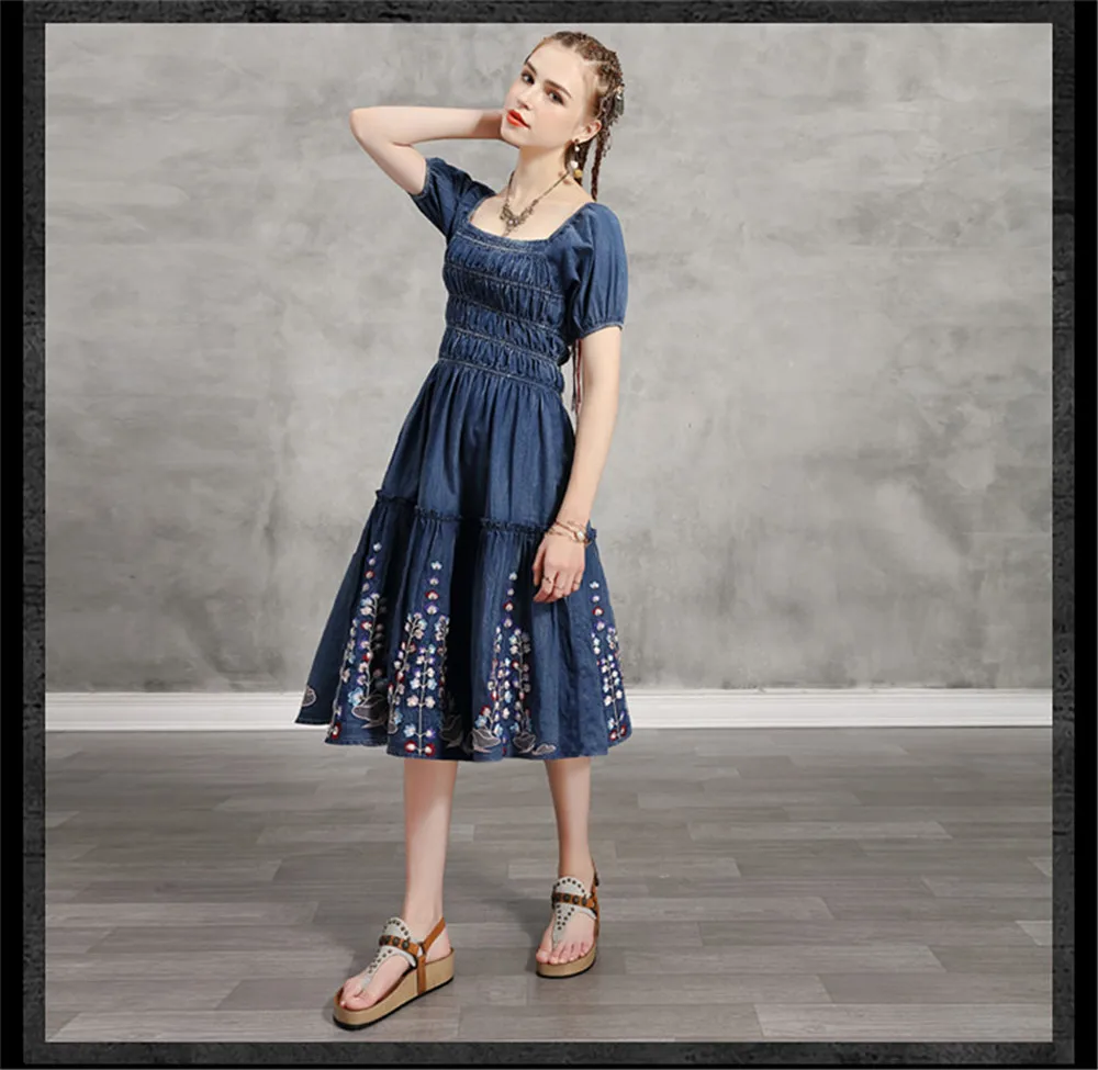Summer Denim Dress 2020 Vintage Women Square Collar Dresses Short Sleeve Embroidery Elastic Waist Vestidos K82237 Girl's DRESS (14)