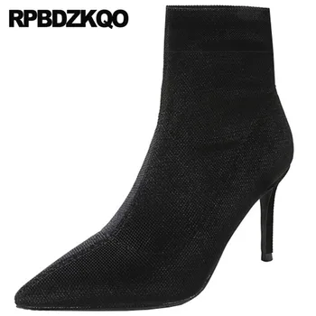 

ankle boots thin slip on stiletto high heel fashion pointed toe fur sexy short booties winter luxury brand shoes women black