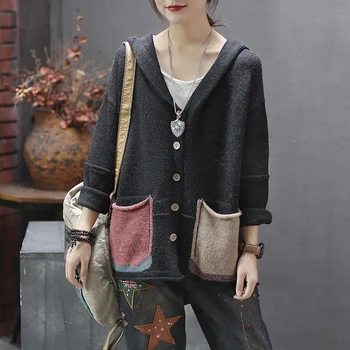 

Mori Girl Vintage Hooded Cardigan Patchwork Knitted Jacket with Pockets