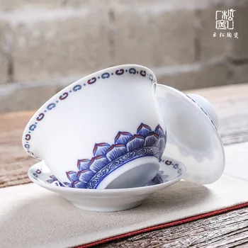 

Ceramic Kung Fu Tea Set Cover Bowl Three-Force Bowl Creative New Product Ceramic Whiteware Hand-Painted TeaBowl Sopera De Gaiwan