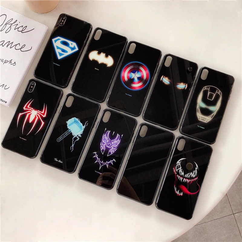 

Luminous Iron Man Case for iphone 6 6s 7 8 plus X XR XS Max phone cases Cool Newest Hero Batman Superman Glass back cover Coque
