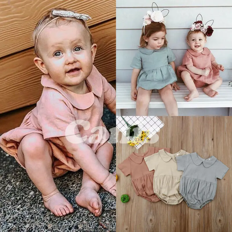 

Summer Newborn Baby Girl Ruffle Solid Bodysuit Jumpsuit Outfits Clothes Peter Pan Collars Body For Girls