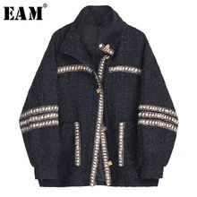 [EAM] темно-синяя твидовая куртка свободного кроя большого размера, Новое Женское пальто с воротником-стойкой и длинным рукавом, модное осенне-зимнее пальто, 1M372
