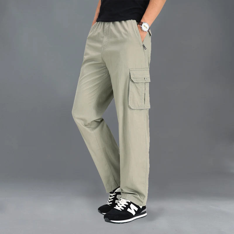 90% OFF M-6XL Cargo Pants Men Pocket Thin Elasticity Pants Full Length Pants Male Straight Trousers Homme Loose Cotton Casual Pant Black
