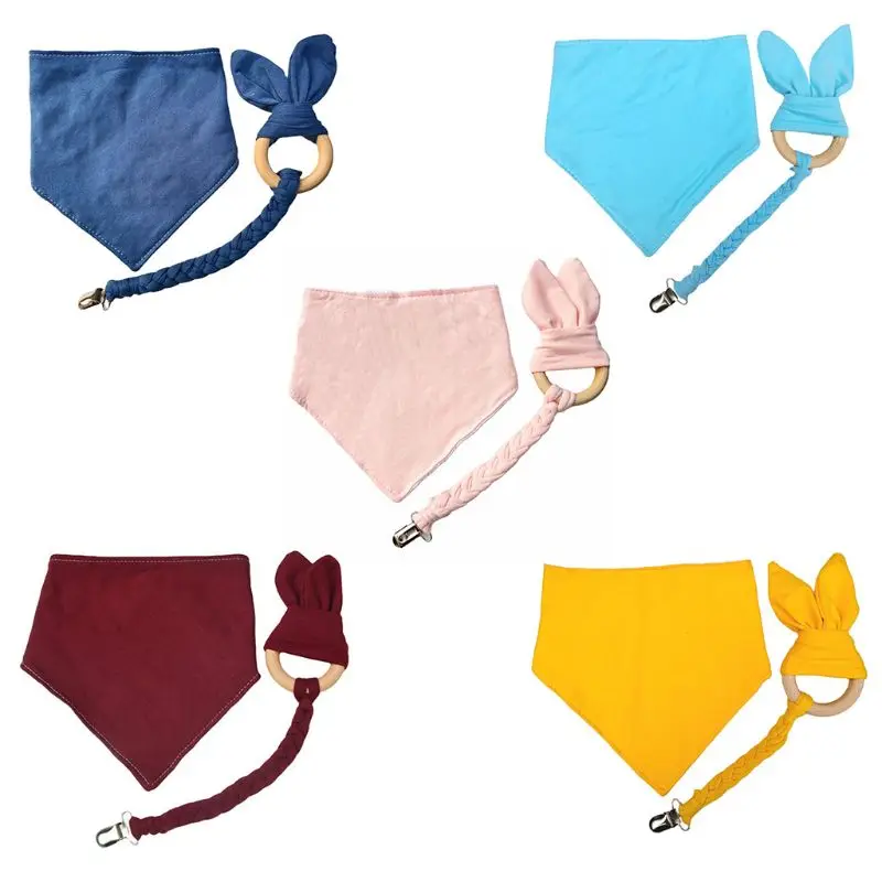 

3 Pcs/Set Newborn Baby Toddler Pacifier Clip Saliva Towel Wooden Ring Teether