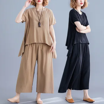 

Summer Round Neck Short Sleeve Loose Solid Color Cotton Piece Set Solid Color Leisure Comfortable Sets For Ladies