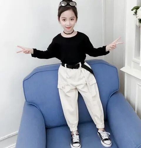 beige Комплект детской одежды для девочек, осень г., модная черная футболка для девочек, штаны повседневные комплекты из двух предметов школьная одежда для подростков - Цвет: beige