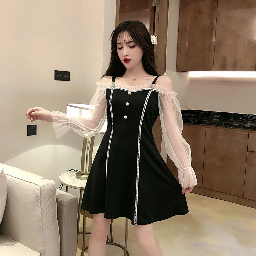 

2019 Autumn Summer Graceful WOMEN'S Dress Gentle Skirt Goddess Immortal off-Shoulder off-Shoulder Strapped Dress Autumn Clothing