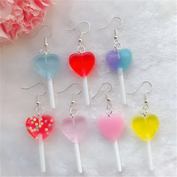 

1pair Cute Drop Earrings Flatback Resin heart Lollipops Multicolor Candy Dangle Earrings Fashion Jewelry for Children and Woman