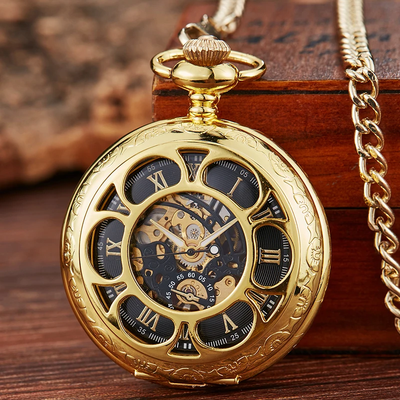 Golden Gold Mechanical Hand Wind Pocket Watches Blue Roman Numeral Dial Mechanical Flip Watch Men Clock With Fob Chain Gift Box