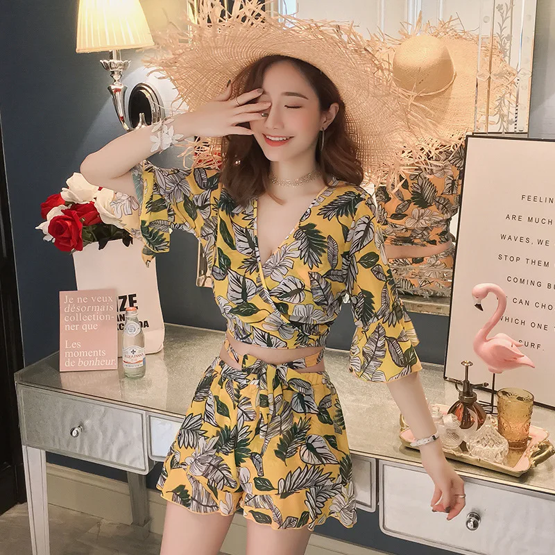 

Swimsuit Women Swimwear Bathing Suit Woman Rash Guard Summer 2019 Print Neck Female Three Piece Skirt Suits Polyester Sierra
