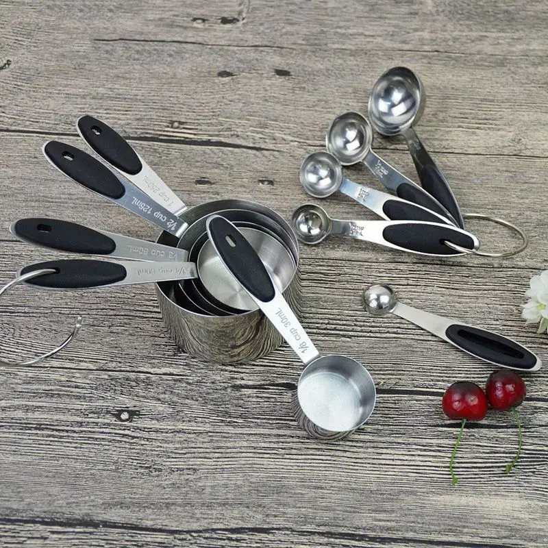 10pcs/set Stainless Steel Measuring Cups Measuring Spoon Scoop Silicone Black Handle Kitchen Tool