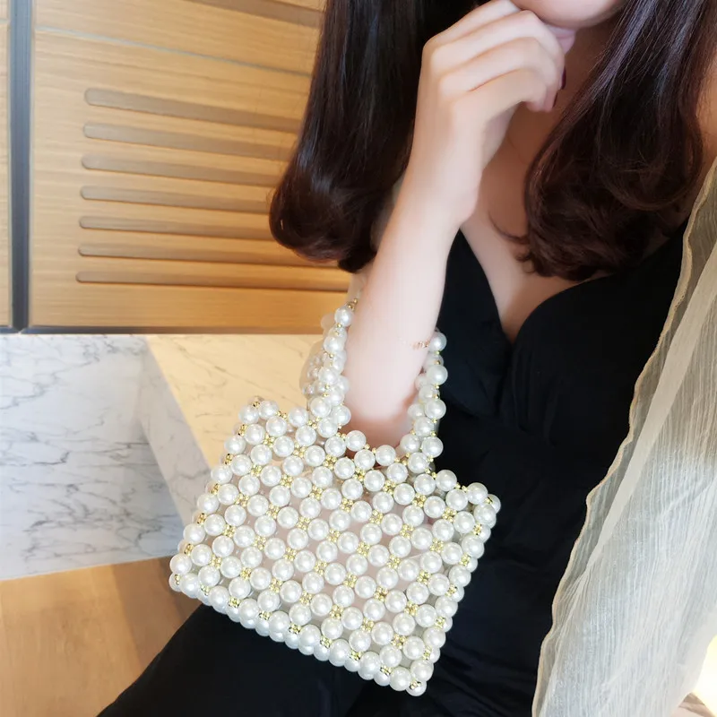 

Fashion Handmade Women Pearl Bags Hand-woven Box Beading Handbags Evening Party Bride Clutch Purse Luxury Ladies Totes Handbags