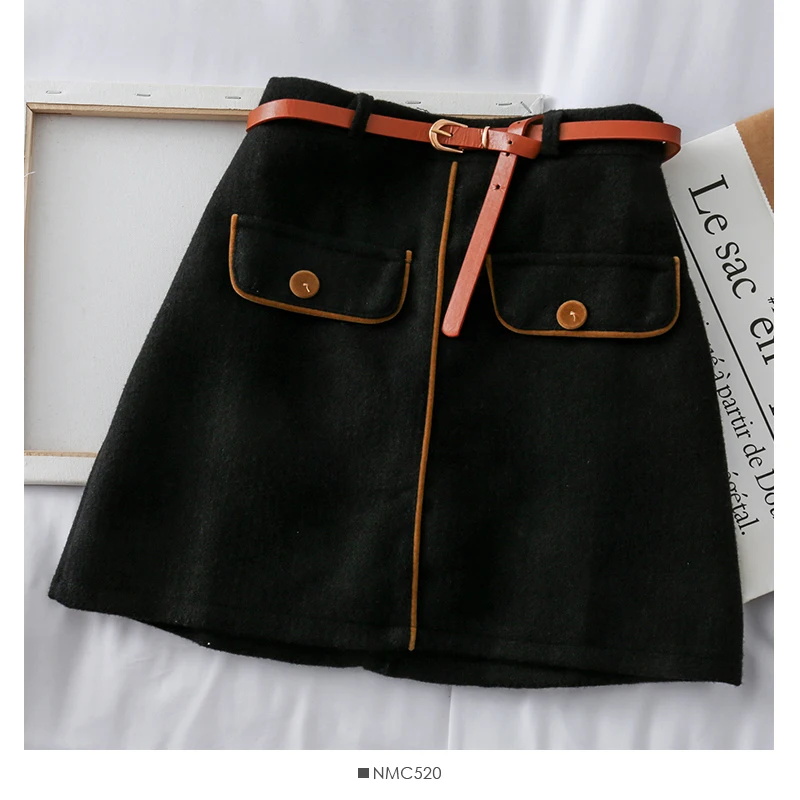 Harajuku зимняя мини-юбка с высокой талией для женщин с повязки бандаж шерстяная трапециевидная Корейская Стильная однотонная короткая юбка