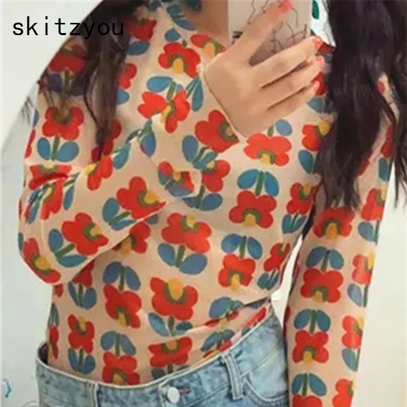 Skitzyou/весенне-летние женские топы с круглым вырезом и цветочным принтом футболки