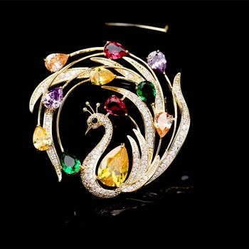 

Trendy Colorful Crystal Brooches for Women Luxury Peacock Copper Cubic Zircon Large Brooch Pins Animal Jewelry Accessories Gift