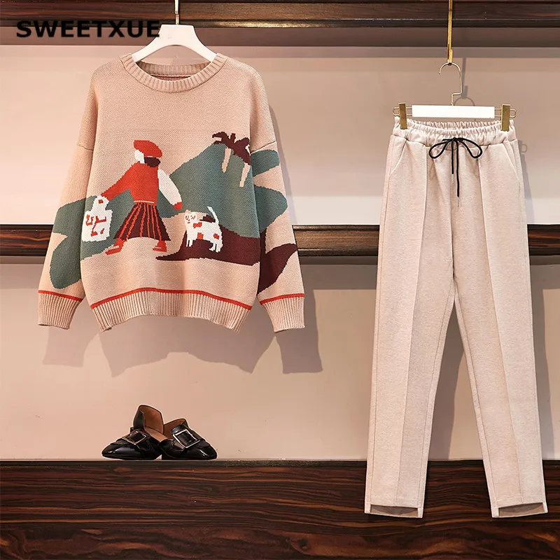 Khaki SWEETXUE, Женский комплект из 2 предметов, штаны, размера плюс, Осень-зима, вязаный, круглый вырез, узор, для девушек, свободный свитер, штаны, повседневный костюм - Цвет: Khaki