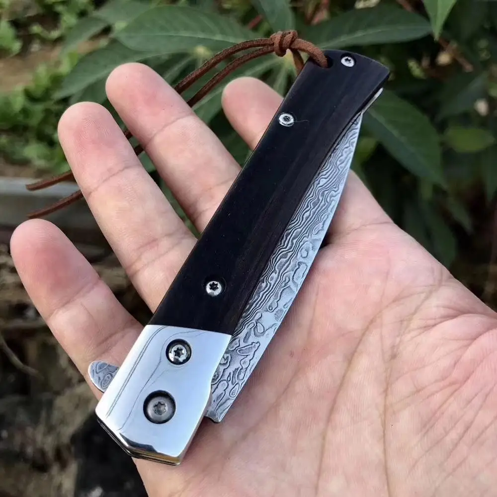 Черный Высокое качество BHandmade походный складной нож дамасское лезвие деревянная ручка охотничьи Тактические фруктовые Карманные Ножи EDC инструменты - Цвет: Черный