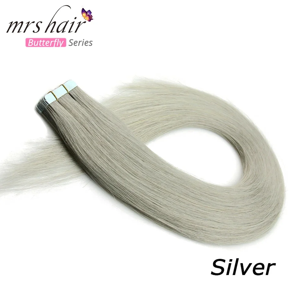 Серебристый MRSHAIR, цветные человеческие волосы на Клейкой Ленте, двухсторонняя кожа, уток, ПУ волосы, не Реми, красные, фиолетовые, синие, розовые, серебряные - Цвет: Серебристый