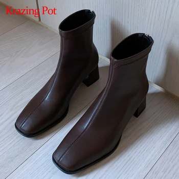 

Krazing pot stretch boots large size classic colors square toe thick high heel zipper beauty lady dress fashion ankle boots L10