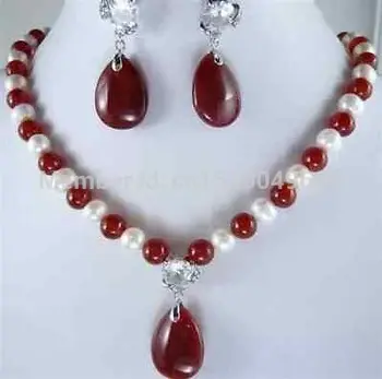 

ER84 Hot sale GOOD SHIP>>>White Pearl And Red jade Necklace Earring Set