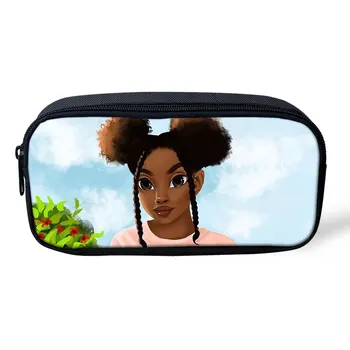 

THIKIN Cute African Girls Makeup Case for Women Pen Bags Daily Pouch for Students School Kid Pencil Bag Custom Pattern Design