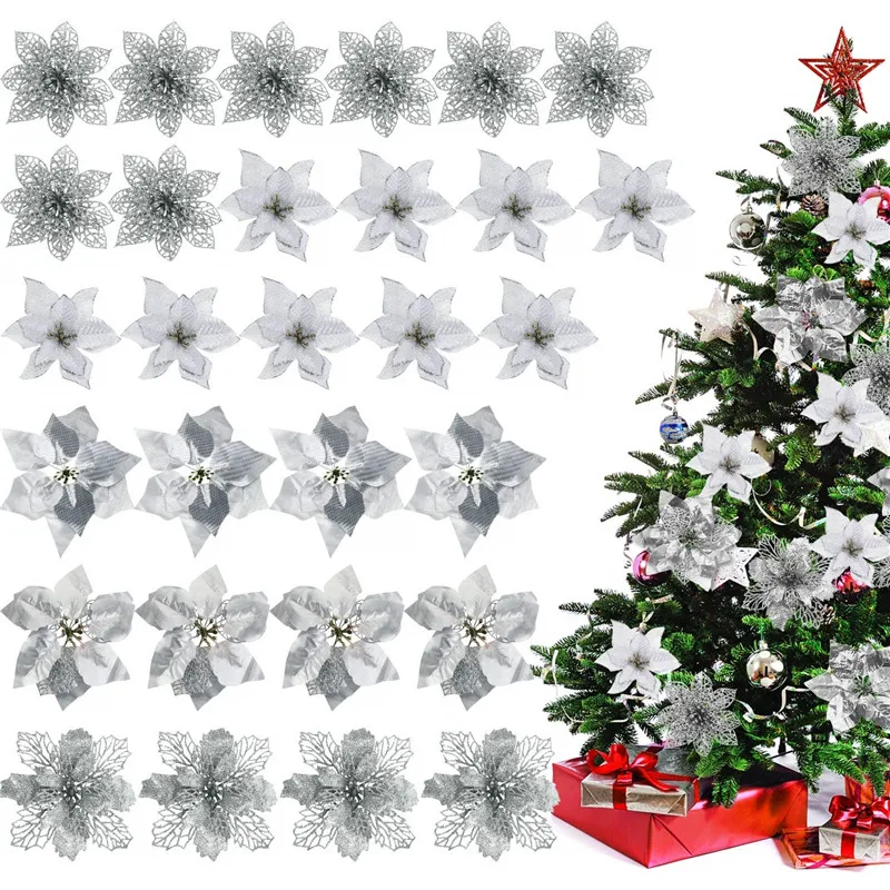 

30Pcs Artificial Christmas Flowers Glitter Fake Flower Xmas Tree Ornaments Merry Christmas Decorations for Home 2020 New Year