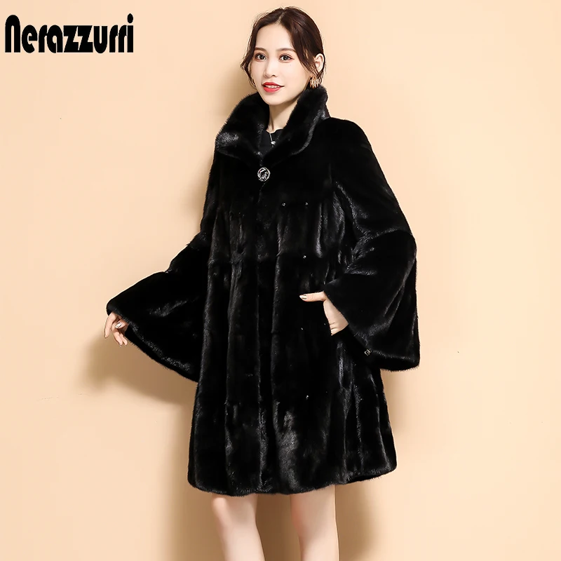 Nerazzurri black real mink fur coat pleated skirted mink jackets for women whole mink coat plus size genuine mink coats women