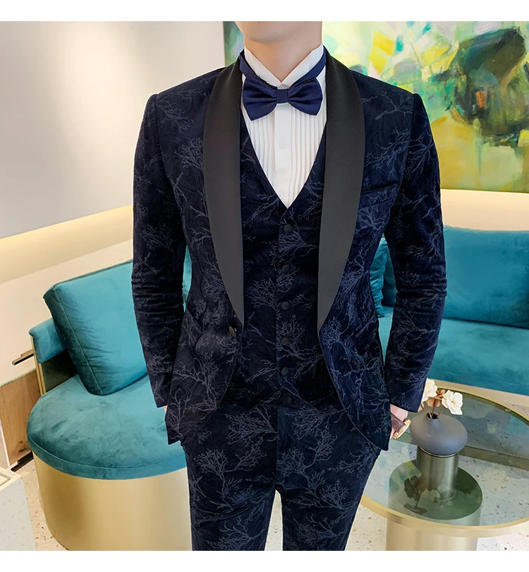 Бархатный смокинг мужской роскошный костюм Homme Mariage королевские Мужские костюмы 3 шт. джентльмен ужин Vestito Uomo Social приталенный костюм