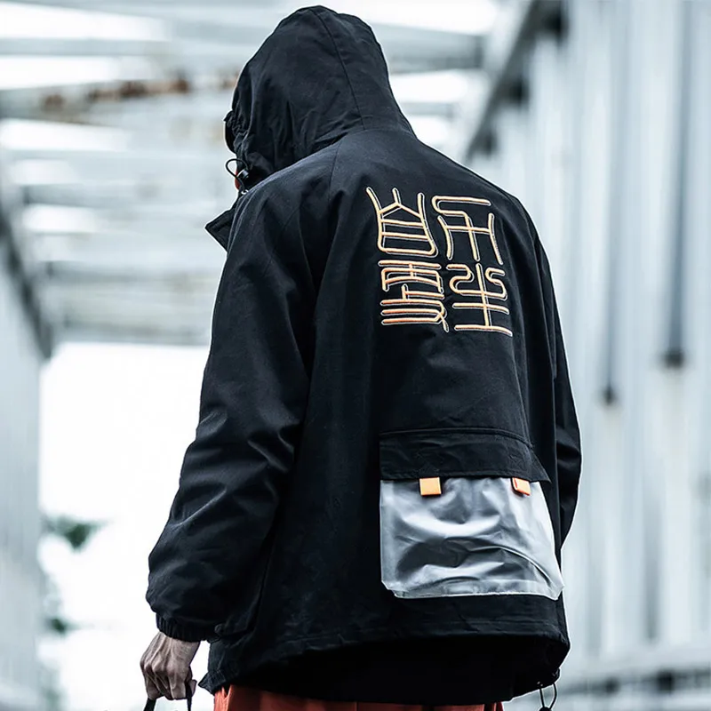 

Buckle Pockets Ribbon Color Block Patchwork Hooded Windbreaker Jackets 2019 Autumn Hip Hop Zip Up Track Jacket Coat Streetwear