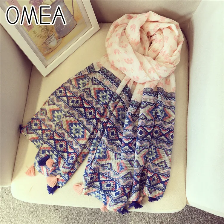 

OMEA Silk Scarf Head Scarf Autumn Bohemian Ethnic Elephant Cotton Linen Shawl Travel Sunscreen Beach Towel Tassel Animal Print